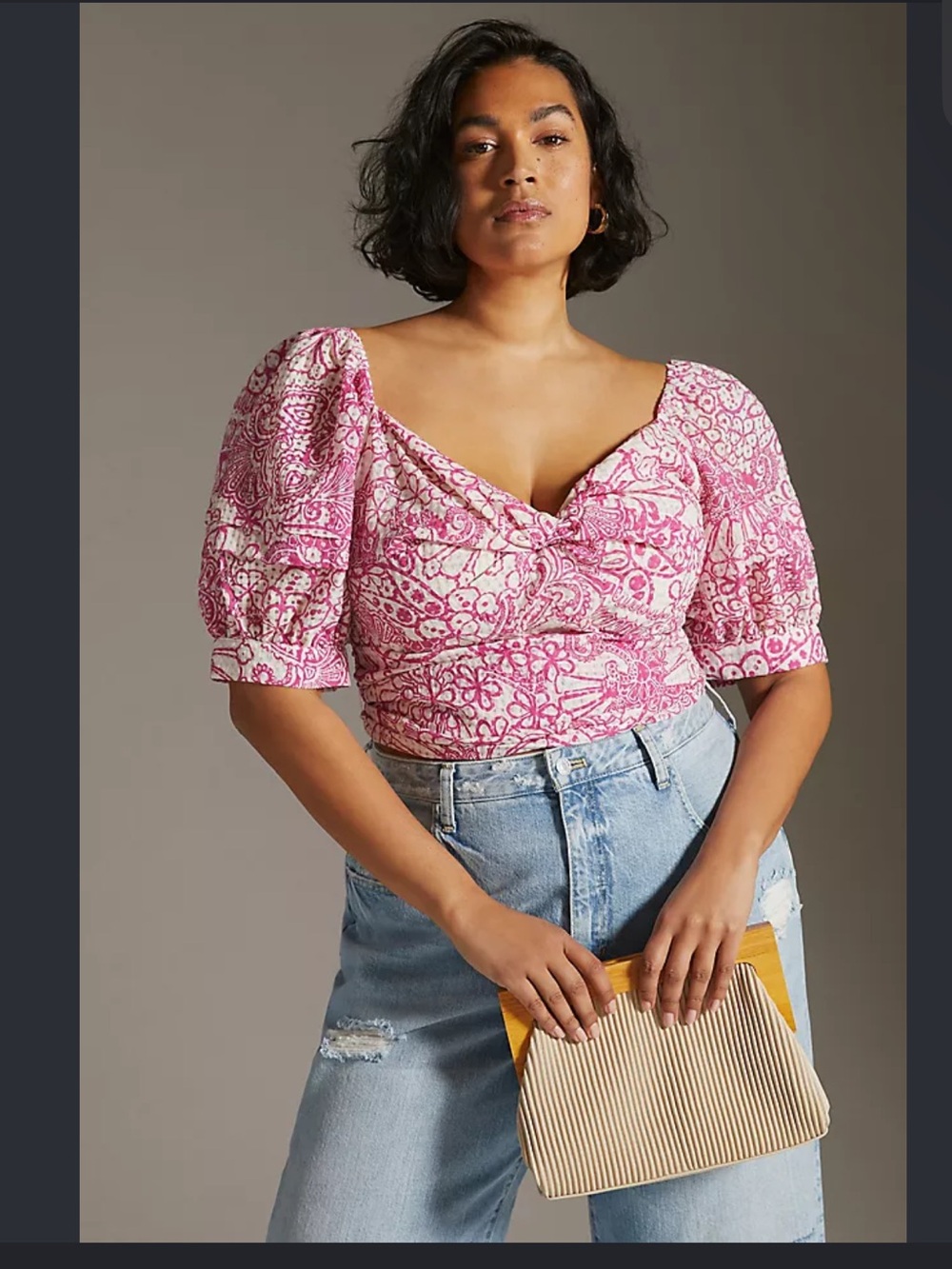 Maeve Pink and Cream Printed Puff Sleeve Crop Top